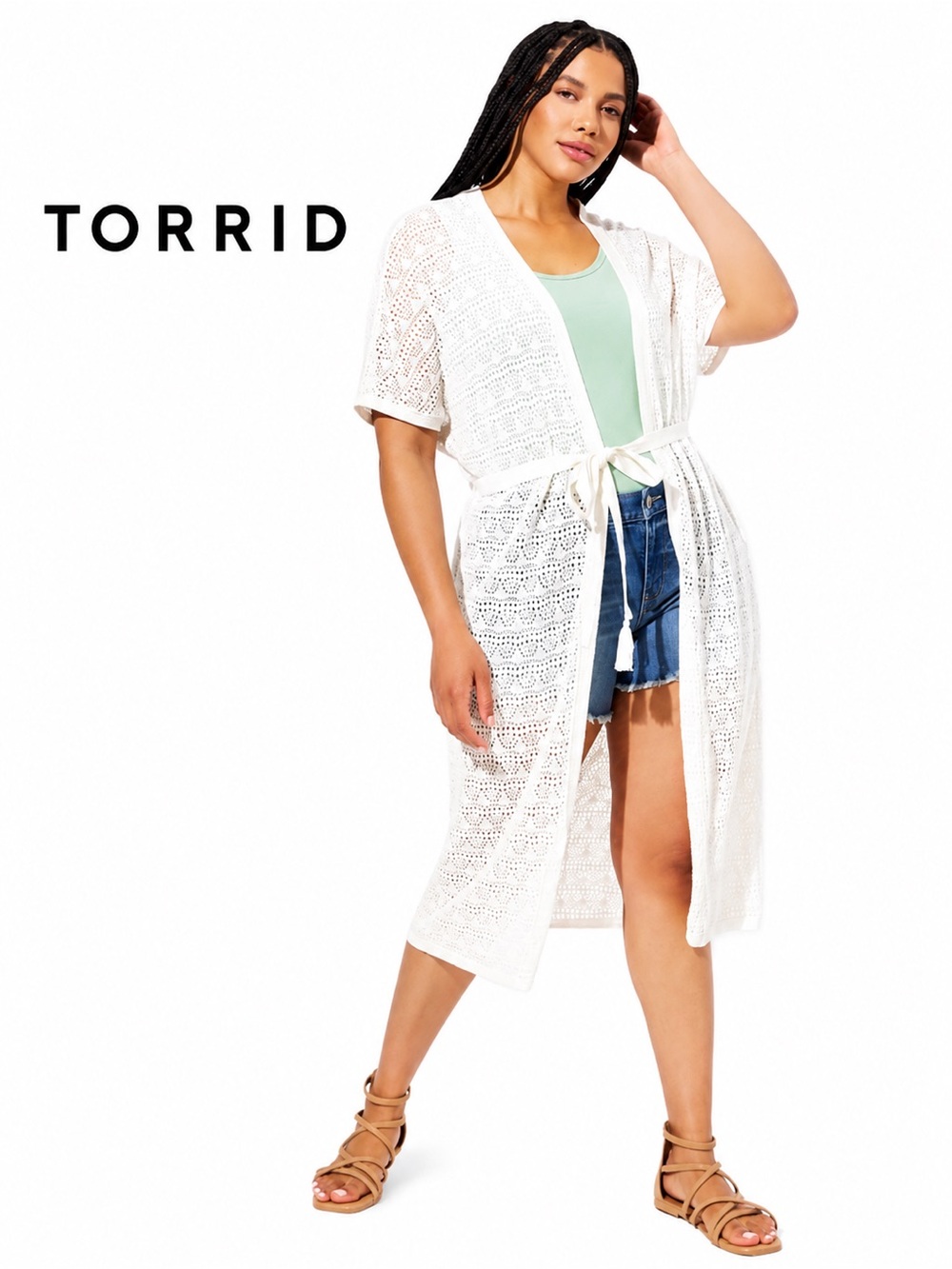 TORRID Crochet Duster Short Sleeve Tie Waist Sweater